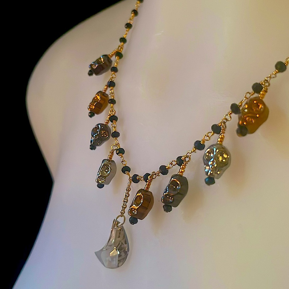 Hematite Skulls and Swarovski Crystal Moon Necklace